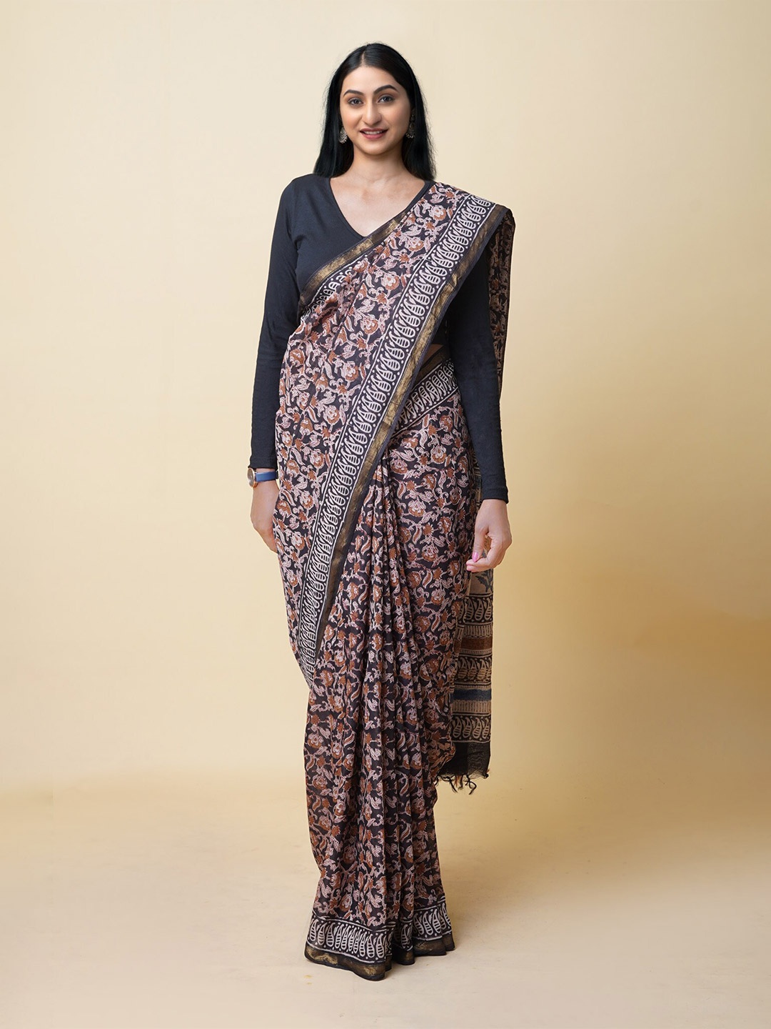 

Unnati Silks Ethnic Motifs Printed Silk Cotton Chanderi Saree, Black