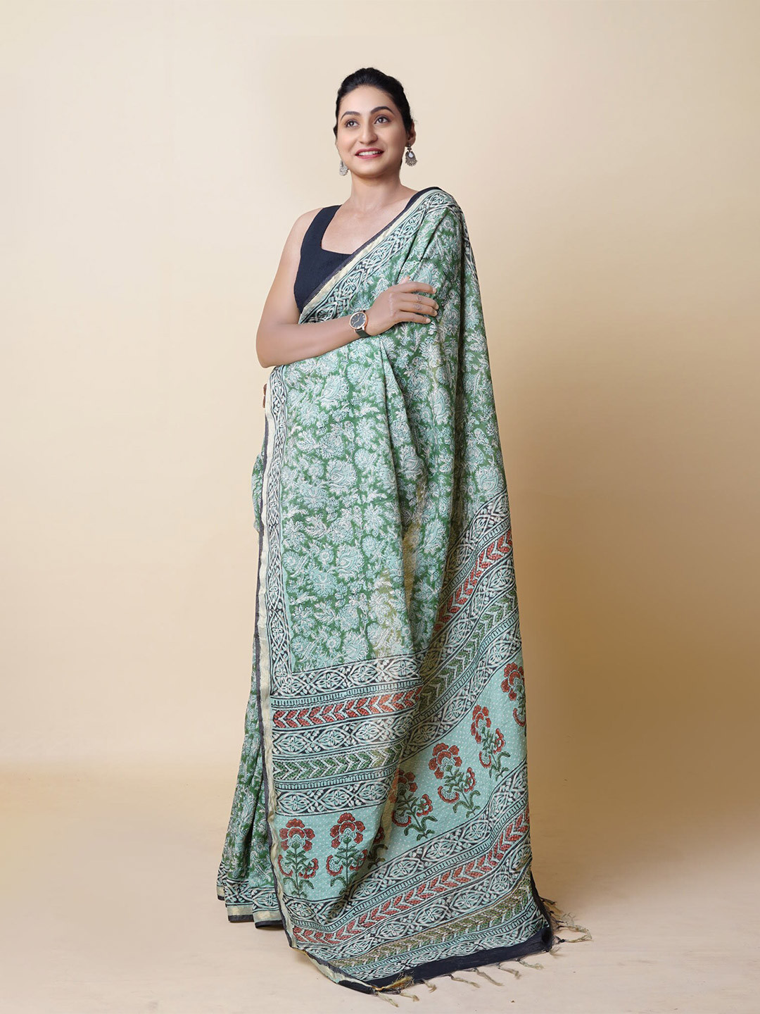 

Unnati Silks Floral Printed Silk Cotton Chanderi Saree, Green