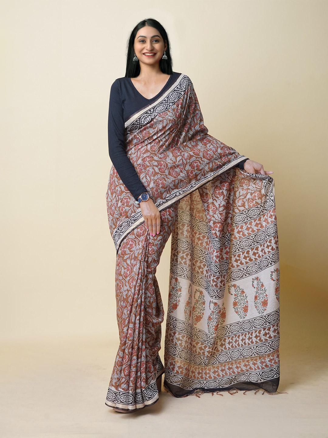 

Unnati Silks Ethnic Motifs Printed Silk Cotton Chanderi Saree, Brown