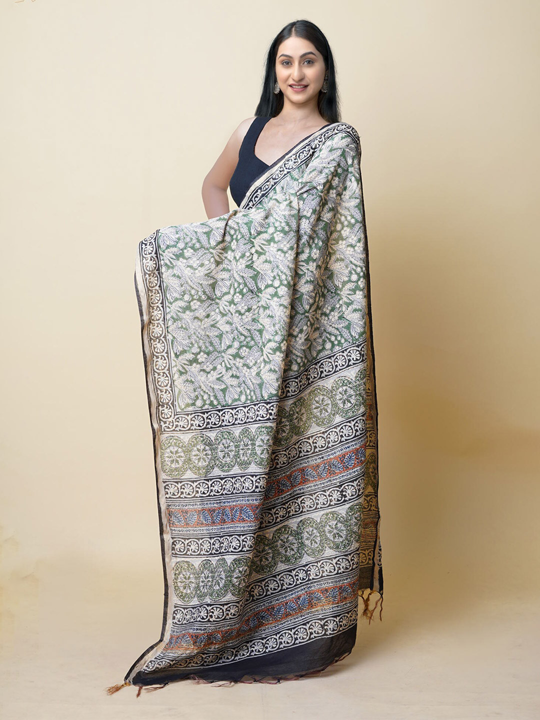 

Unnati Silks Ethnic Motifs Printed Silk Cotton Chanderi Saree, Green