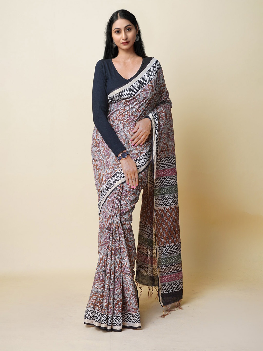 

Unnati Silks Ethnic Motifs Printed Silk Cotton Chanderi Saree, Brown