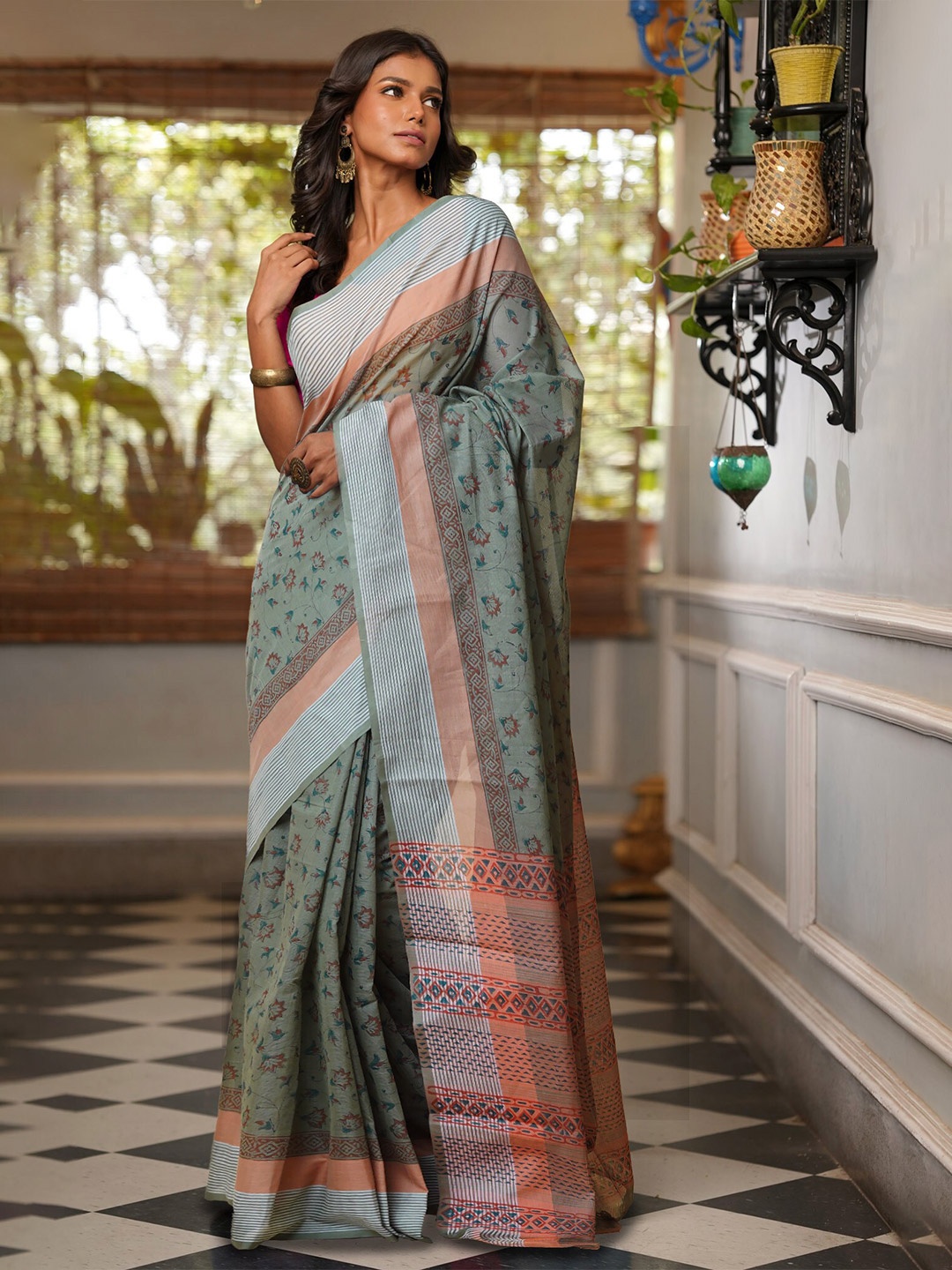 

Unnati Silks Ethnic Motifs Printed Pure Cotton Mangalagiri Saree, Green