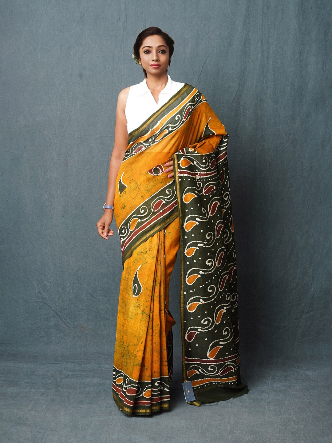 

Unnati Silks Batik Printed Zari Silk Cotton Chanderi Sico Saree, Yellow