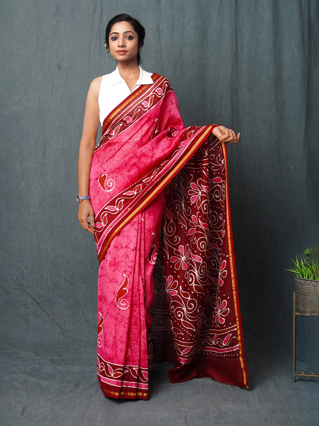 

Unnati Silks Batik Printed Zari Silk Cotton Chanderi Sico Saree, Pink