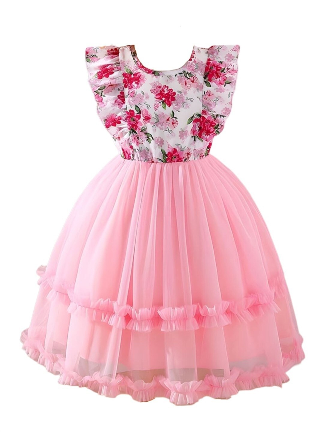 

BAESD Girls Floral Printed Flutter Sleeves Ruffled Tulle Net Fit & Flare Dress, Pink