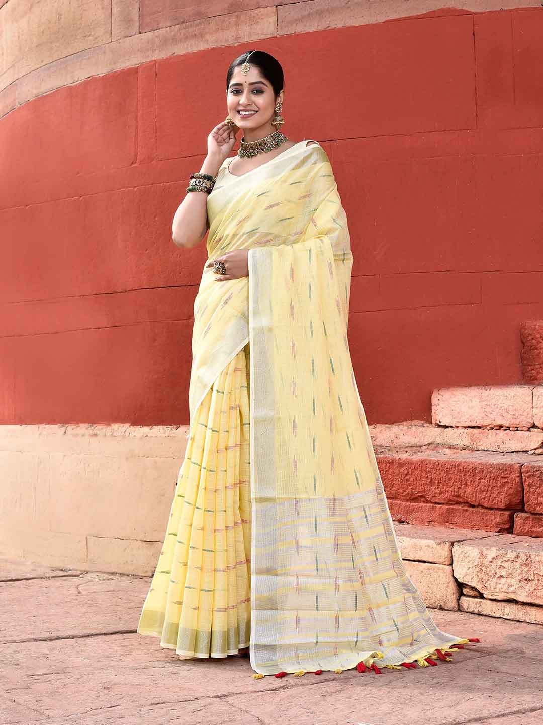 

elora Ethnic Motif Woven Design Pure Linen Ikat Saree, Yellow