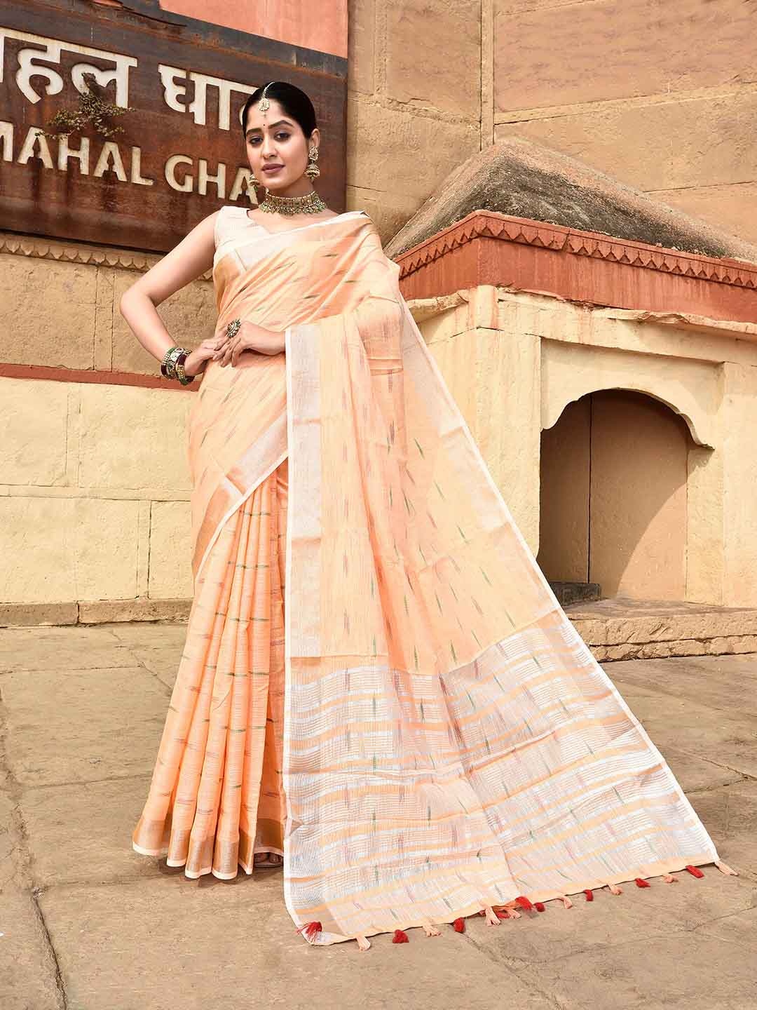 

elora Ethnic Motifs Woven Design Zari Pure Linen Ikat Saree, Orange