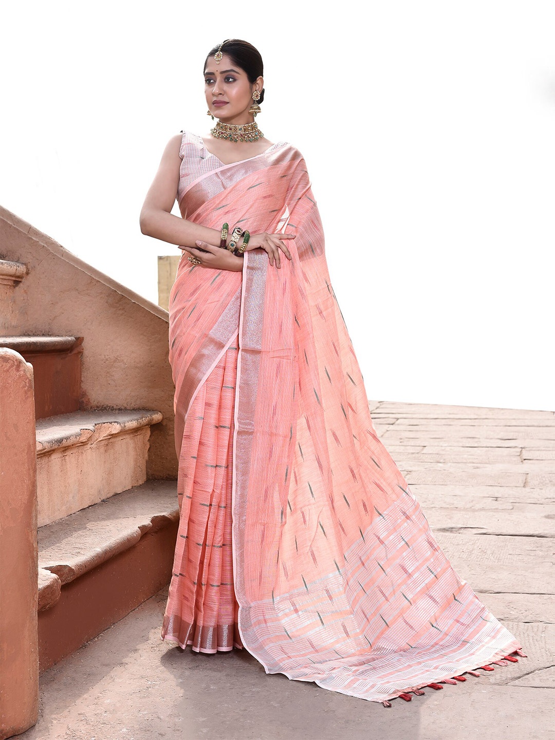 

elora Ethnic Motifs Woven Design Zari Pure Linen Ikat Saree, Peach