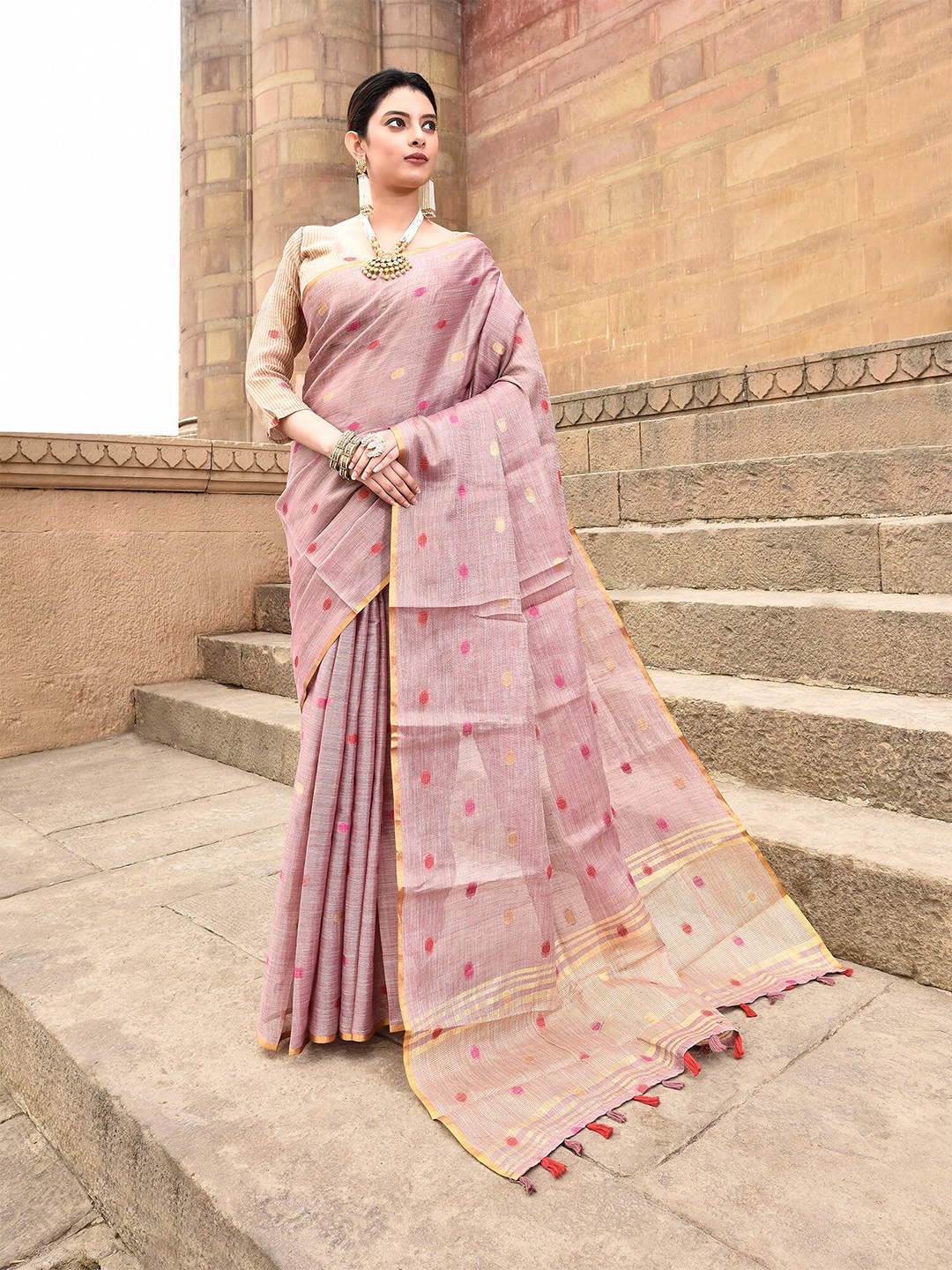 elora Polka Dot Woven Design Zari Saree, Pink