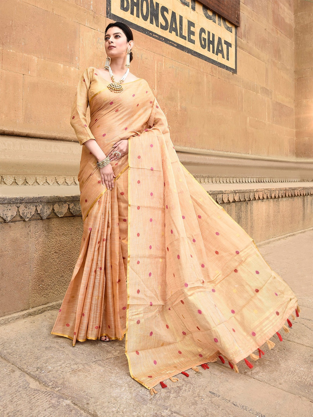 

elora Polka Dot Woven Design Zari Saree, Orange
