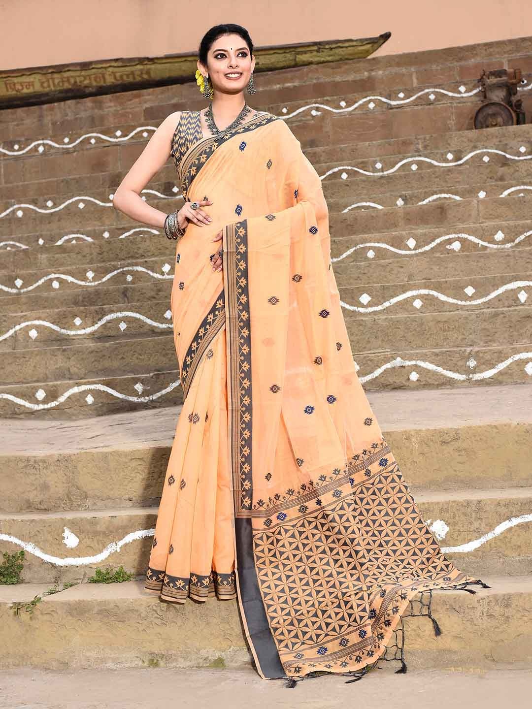

elora Ethnic Motifs Woven Design Pure Cotton Saree, Orange