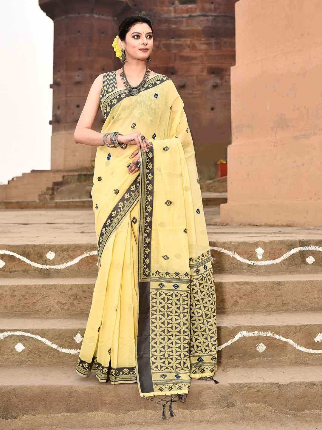 

elora Ethnic Motifs Woven Design Pure Cotton Saree, Yellow