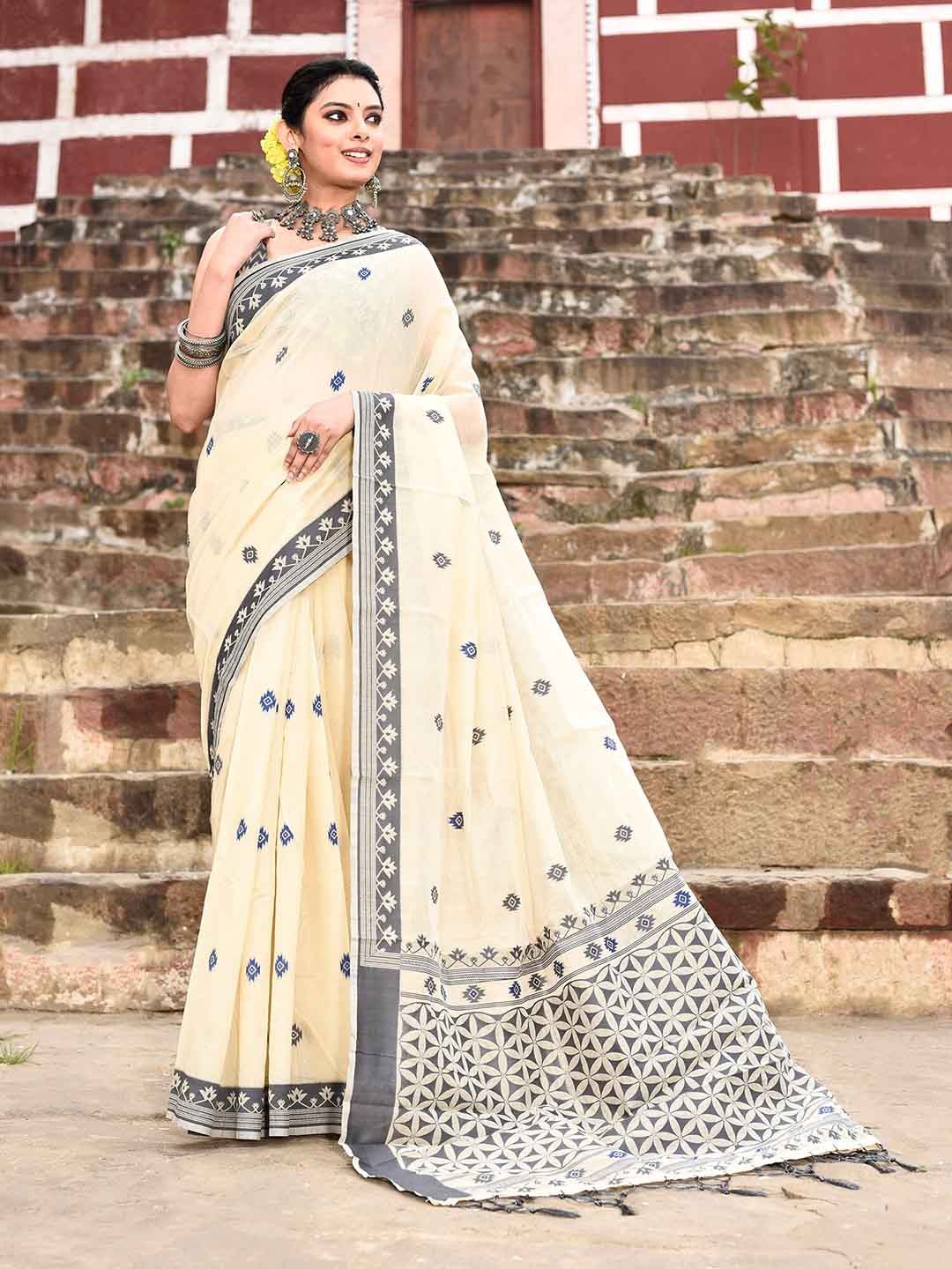 

elora Ethnic Motifs Woven Design Pure Cotton Saree, Cream
