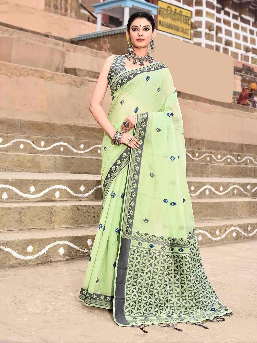 

elora Ethnic Motifs Woven Design Pure Cotton Saree, Green