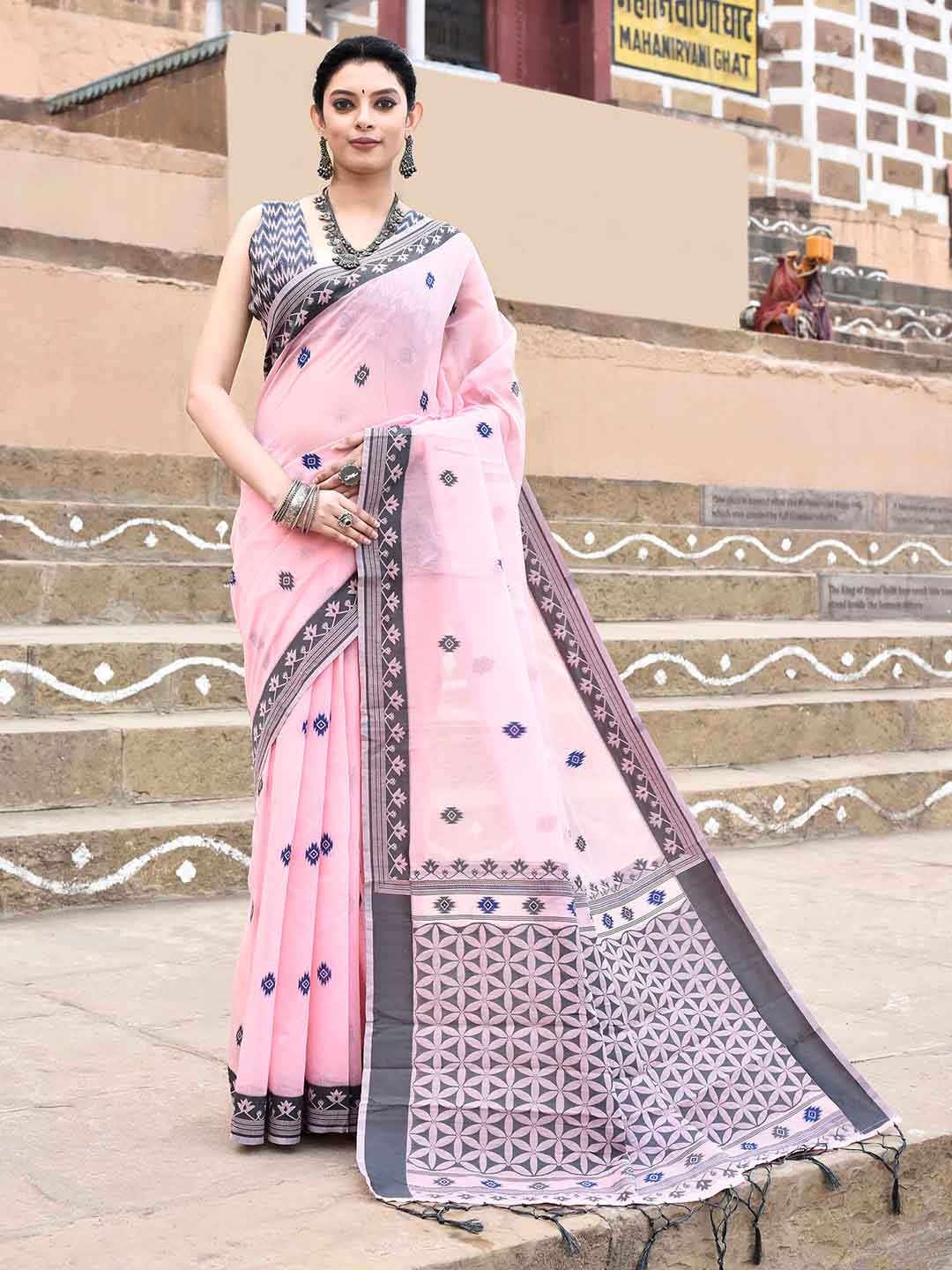 

elora Ethnic Motifs Woven Design Pure Cotton Saree, Pink