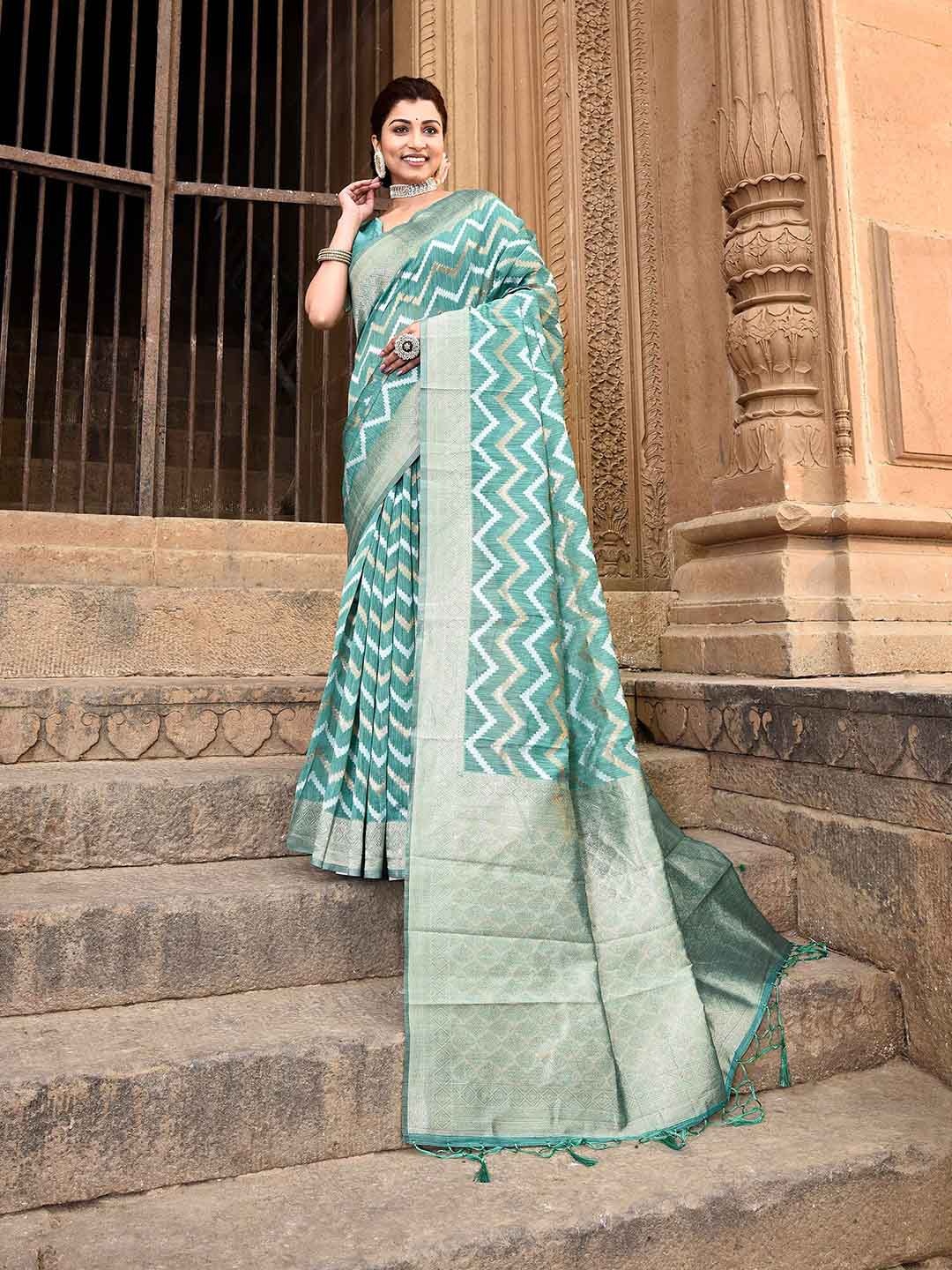 

elora Chevron Woven Design Zari Saree, Green
