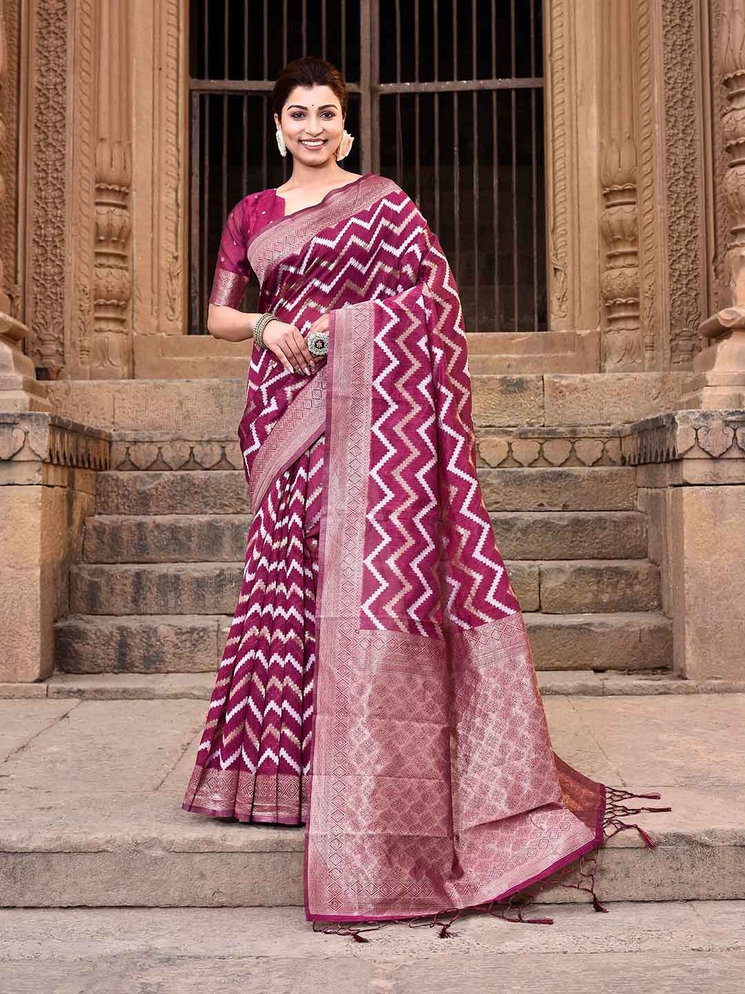 elora Chevron Woven Design Zari Ikkat Saree, Magenta