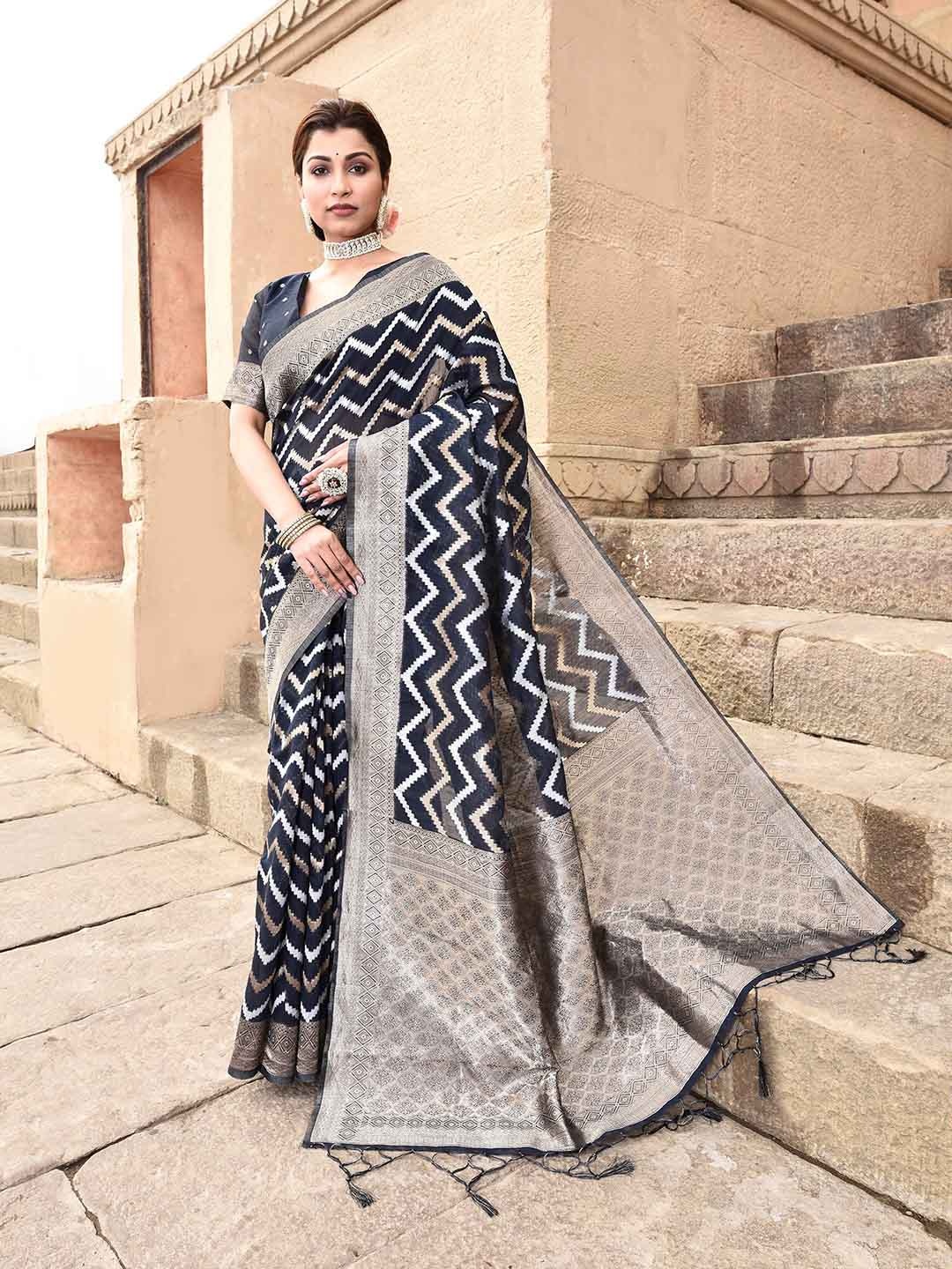 

elora Chevron Woven Design Zari Ikkat Saree, Black