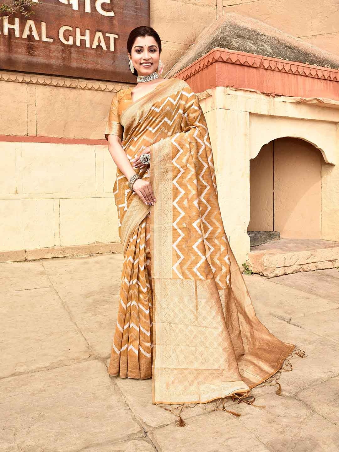 

elora Chevron Woven Design Zari Ikkat Saree, Mustard