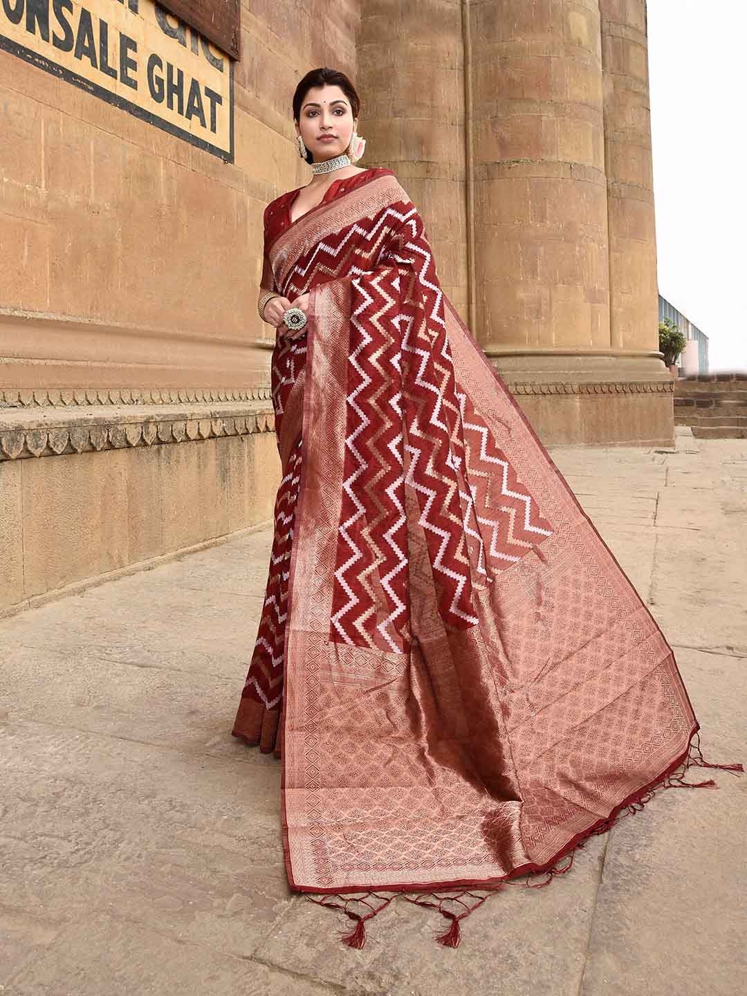 

elora Chevron Woven Design Zari Ikkat Saree, Red