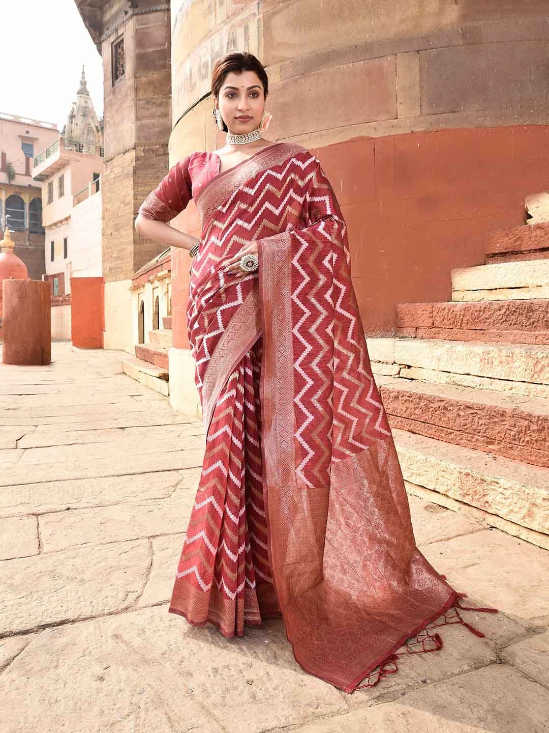 elora Chevron Woven Design Zari Ikkat Saree, Red