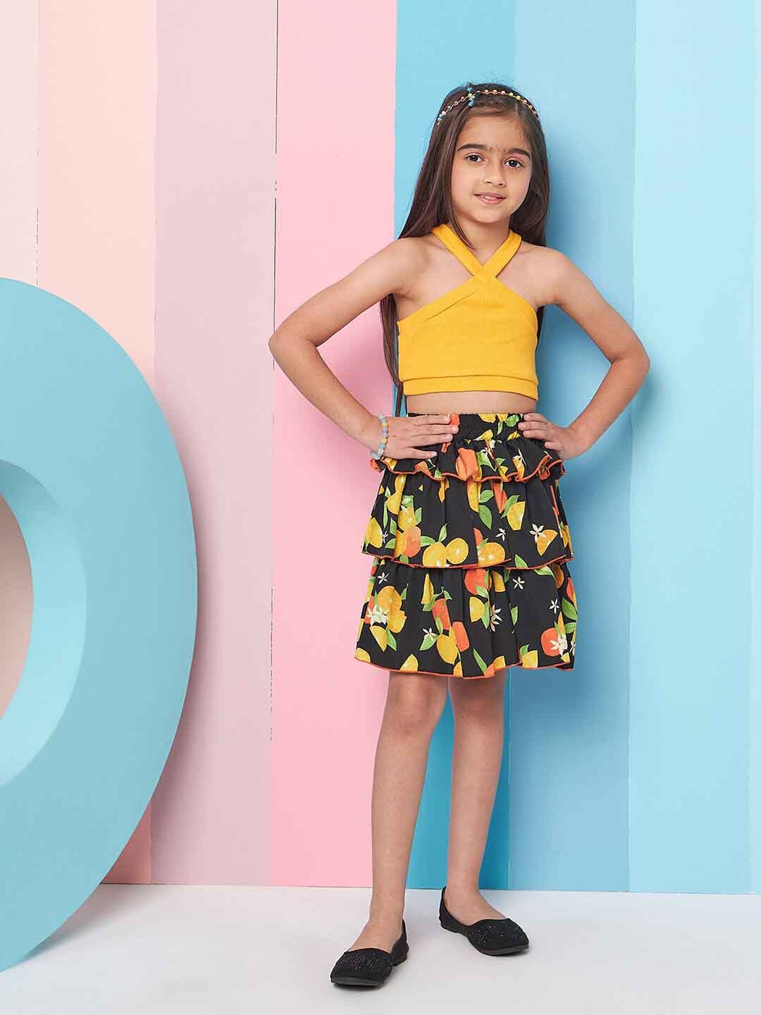 

pspeaches Girls Ribbed Halter Neck Top with Skirt, Orange