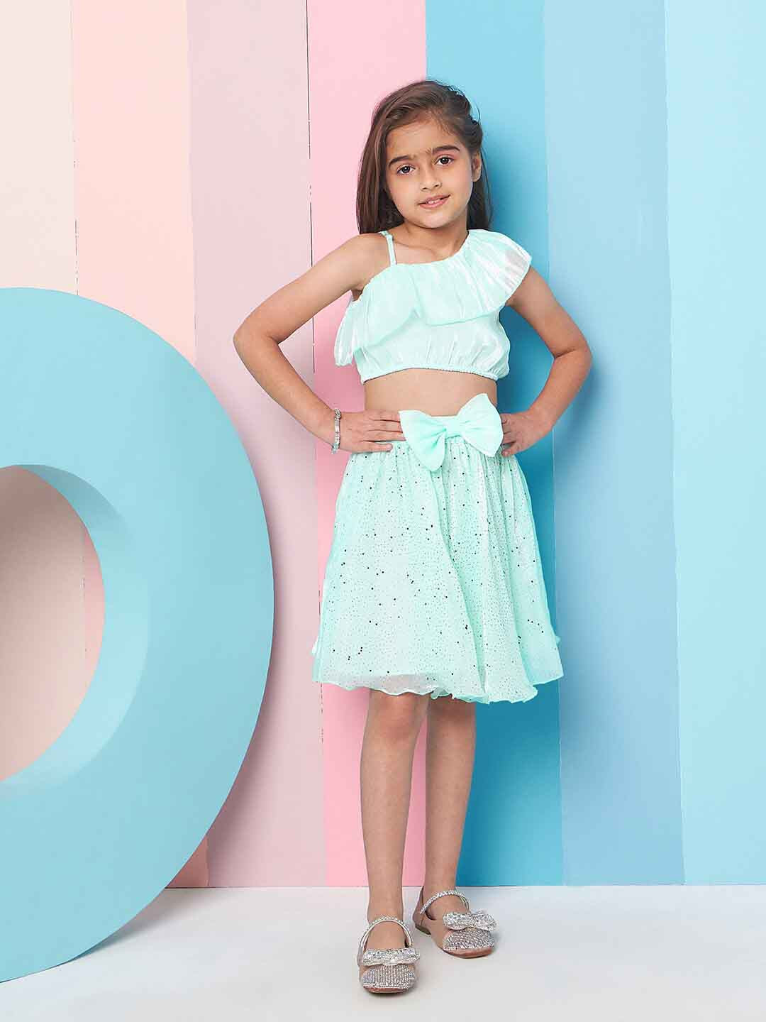 

pspeaches Girls Embellished One Shoulder Top with Skirt, Green