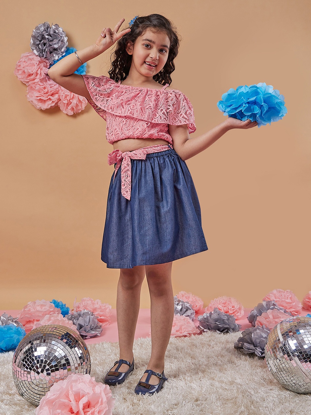 

pspeaches Girls Self Design Off-Shoulder Blousan Top with Skirt, Blue
