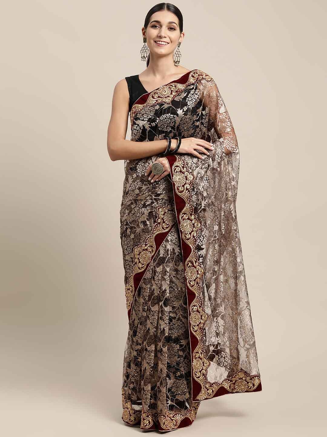 

Aruna Sarees Embroidered Net Saree, Brown