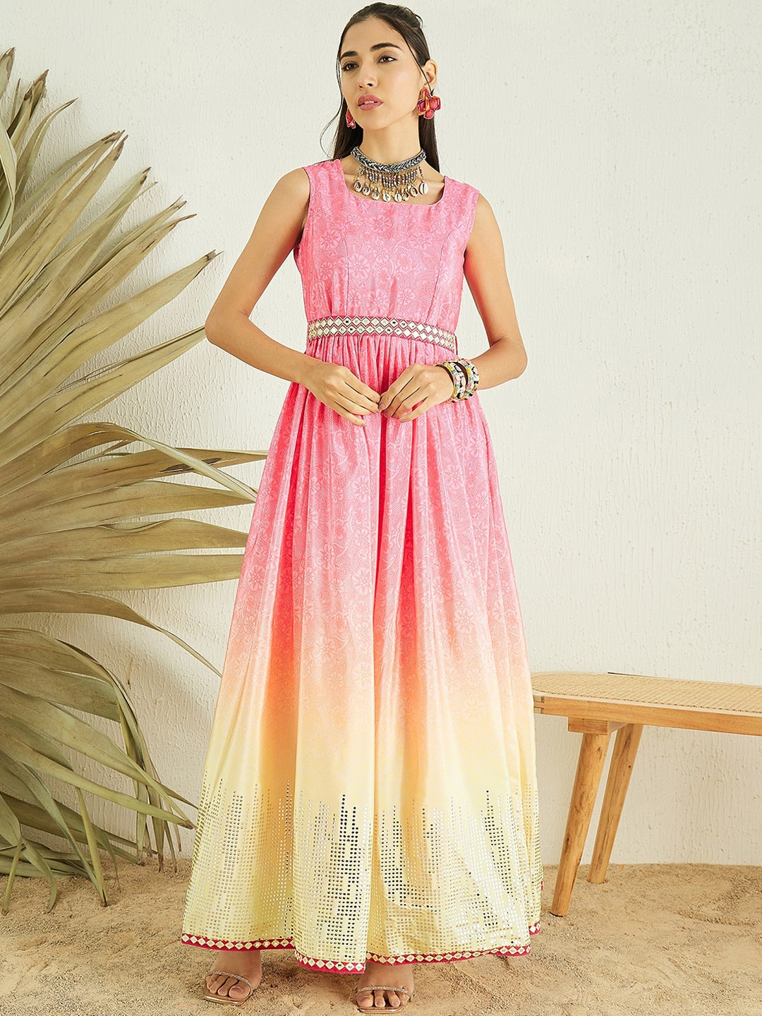 

Inddus Pink Floral Printed Gathered Detailed Maxi Ethnic Dress With Belt