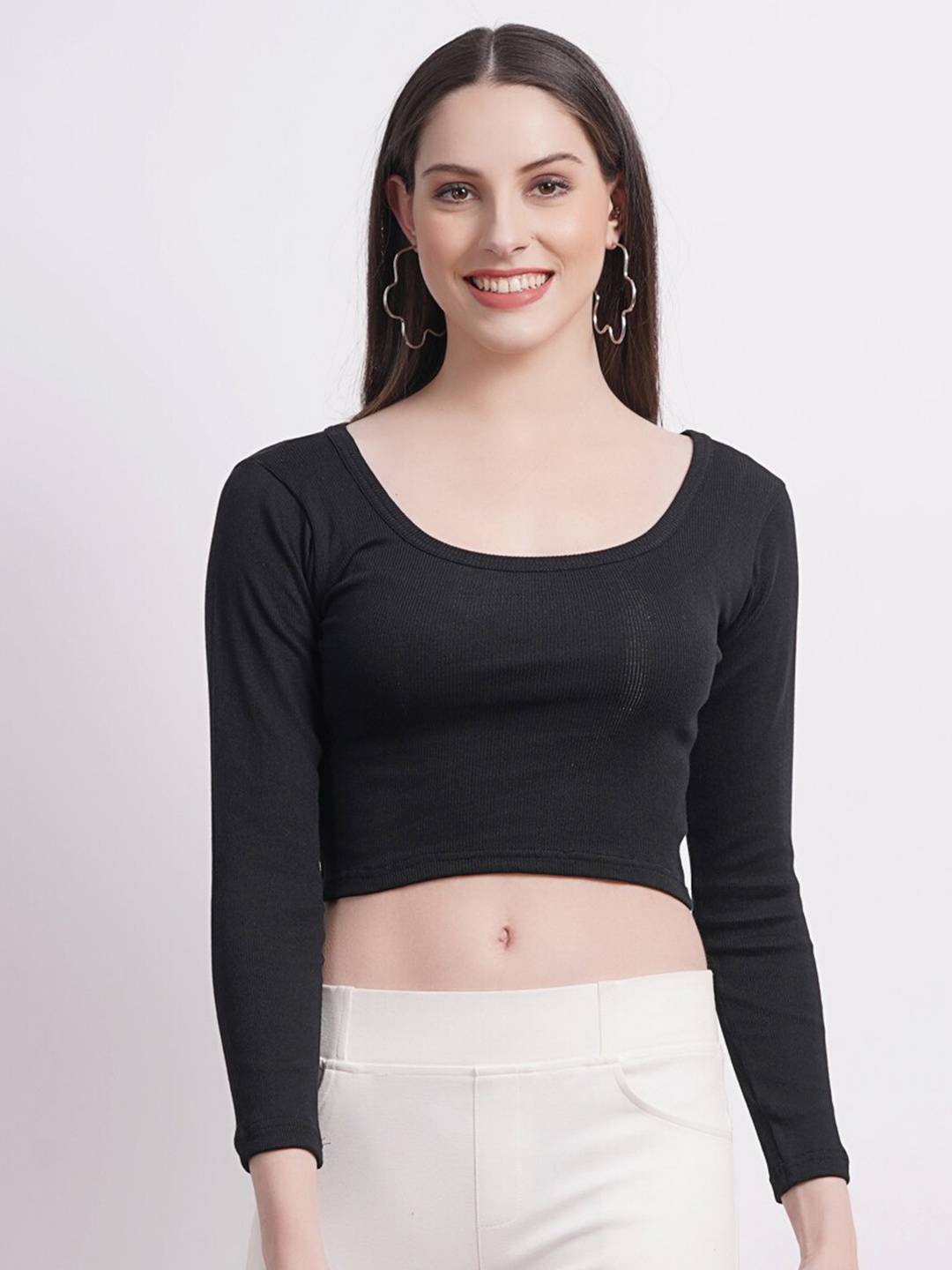 

SIGHTBOMB Round Neck Cotton Crop Fitted Top, Black