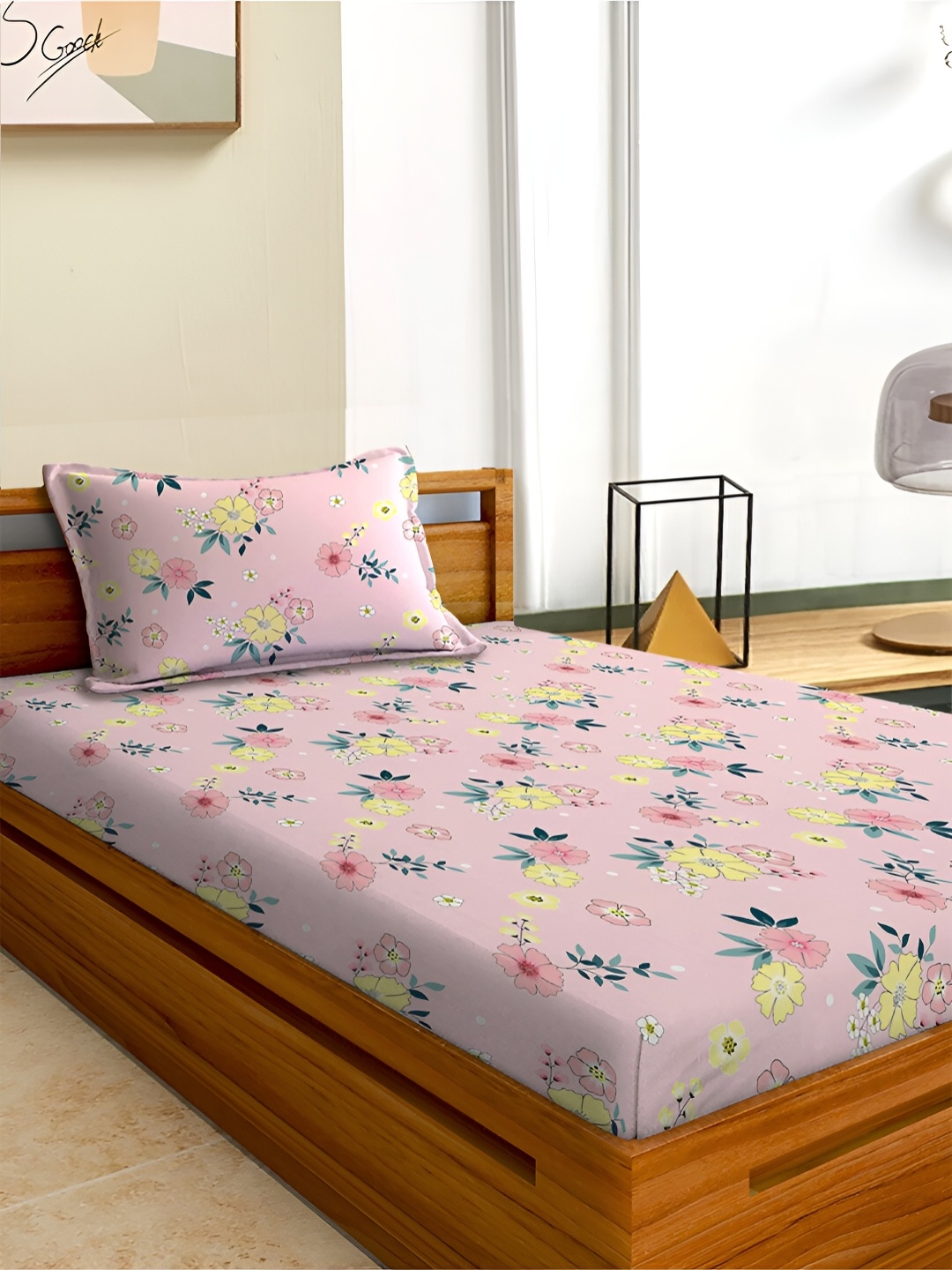 Aura Pink & Green Floral 180 TC Single 120 GSM Bedsheet with Pillow Cover