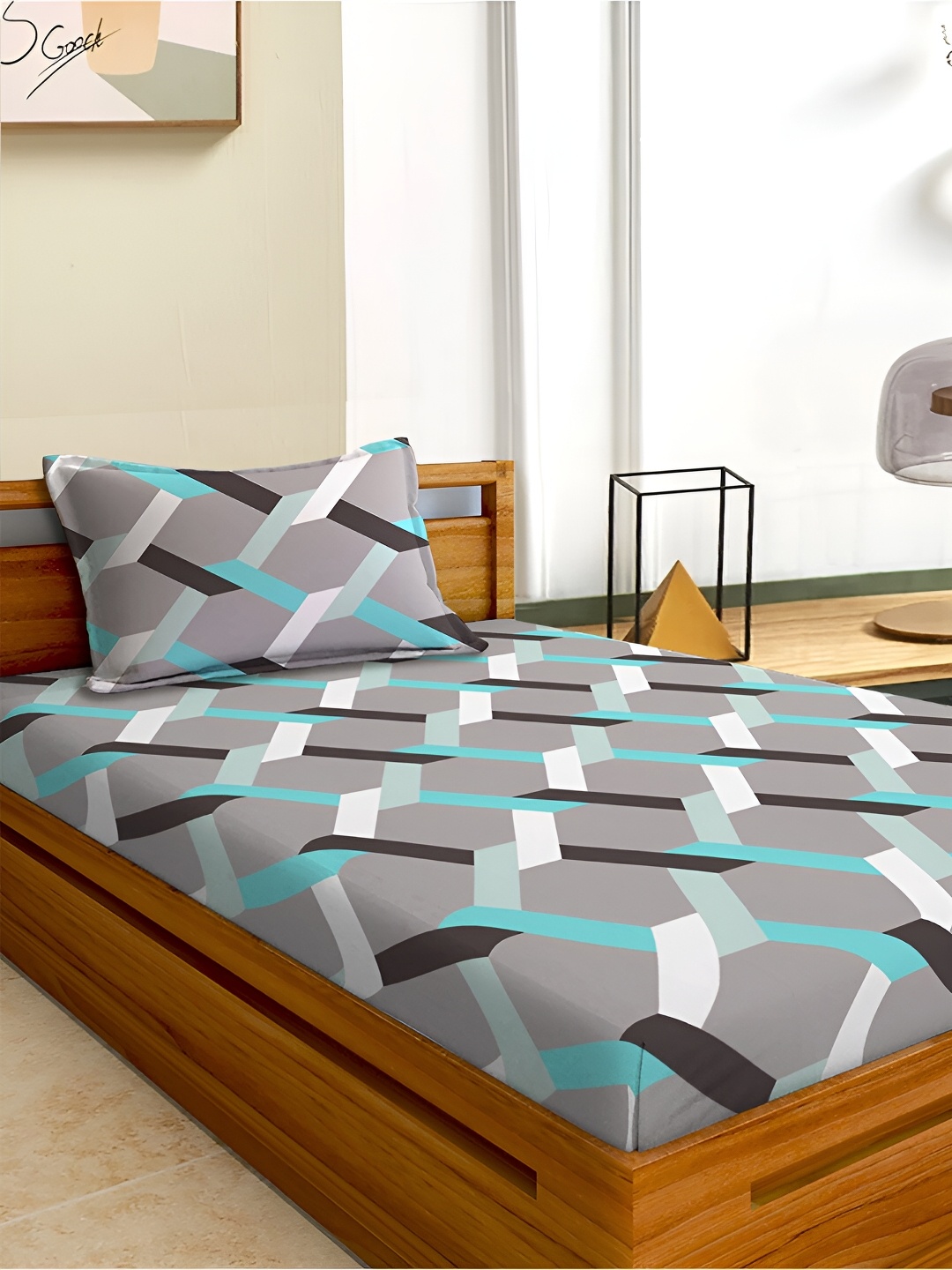 

Aura Grey & White Geometric 180 TC Single 120 GSM Bedsheet with Pillow Cover