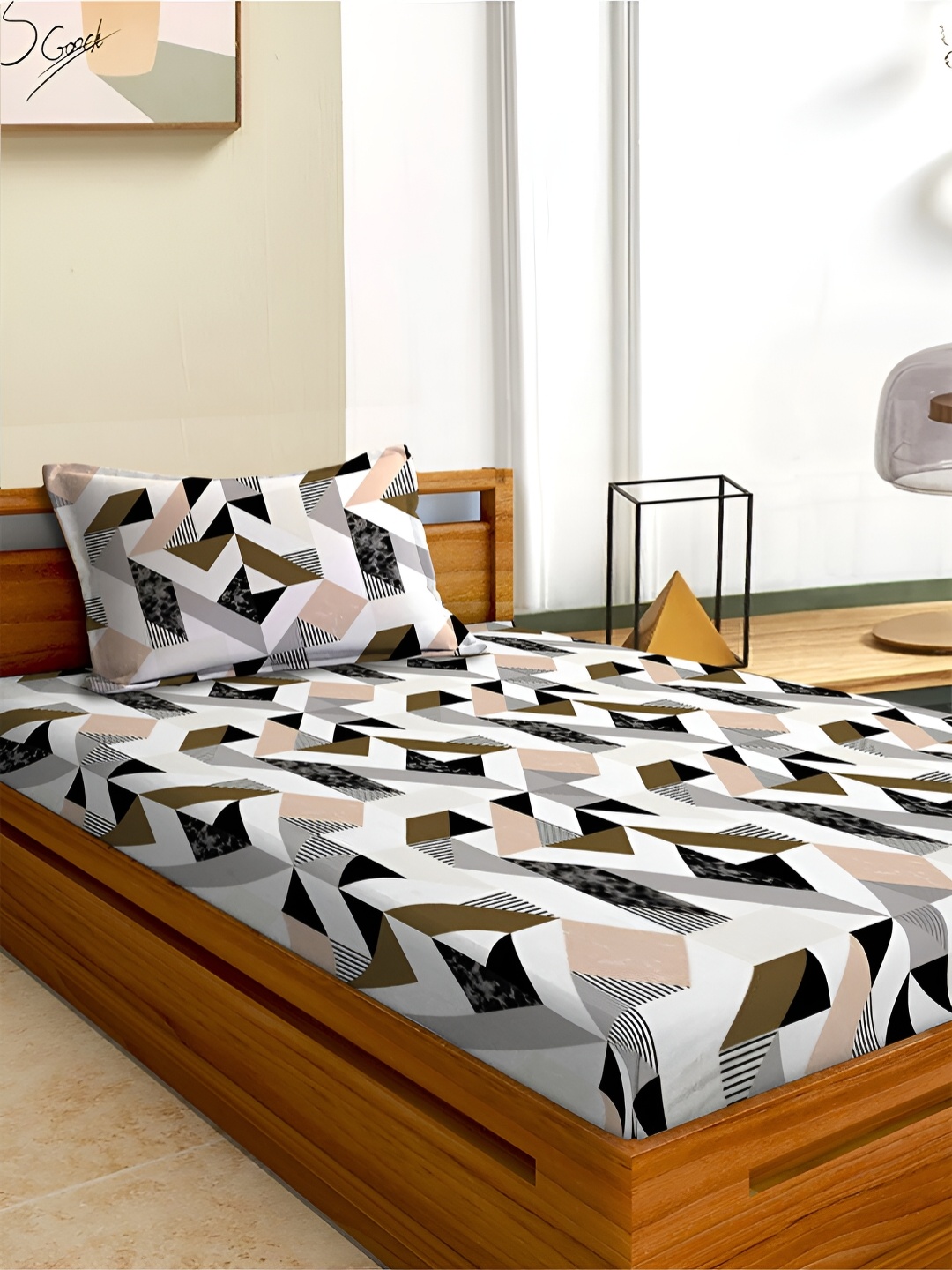 

Aura Green & Black Geometric 180 TC Single 120 GSM Bedsheet with Pillow Cover