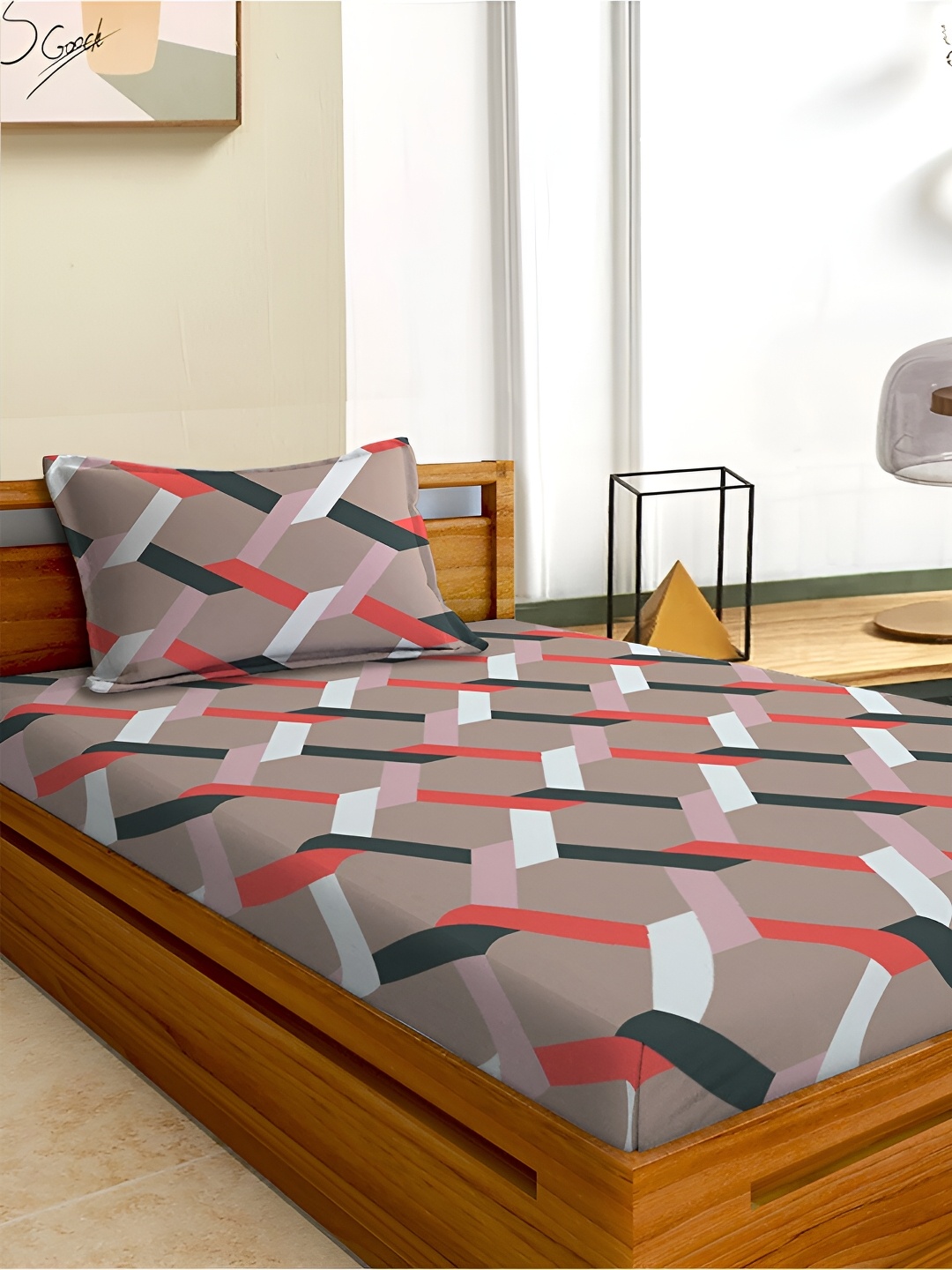 

Aura Brown & Red Geometric 180 TC Single 120 GSM Bedsheet with Pillow Cover