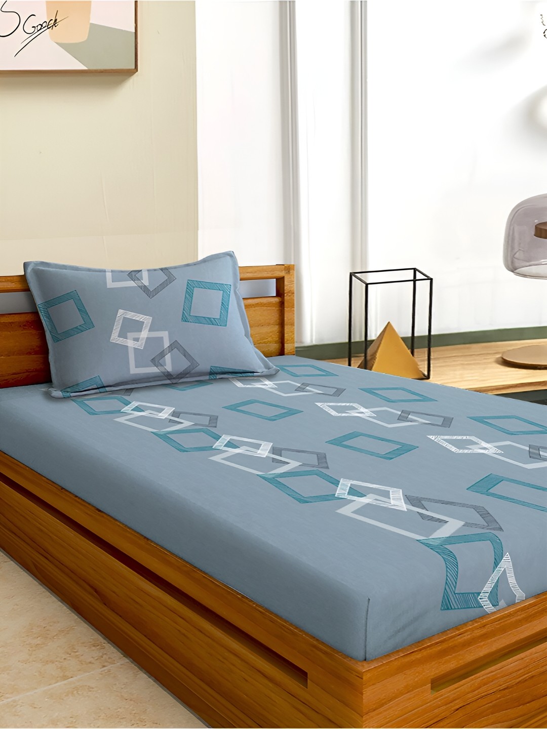 

Aura Blue & White Geometric 180 TC Single 120 GSM Bedsheet with Pillow Cover