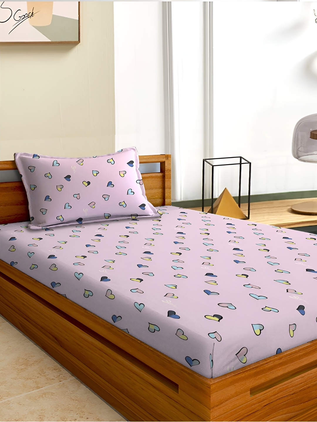 Aura Pink & Blue Printed 180 TC Single 120 GSM Bedsheet with Pillow Cover