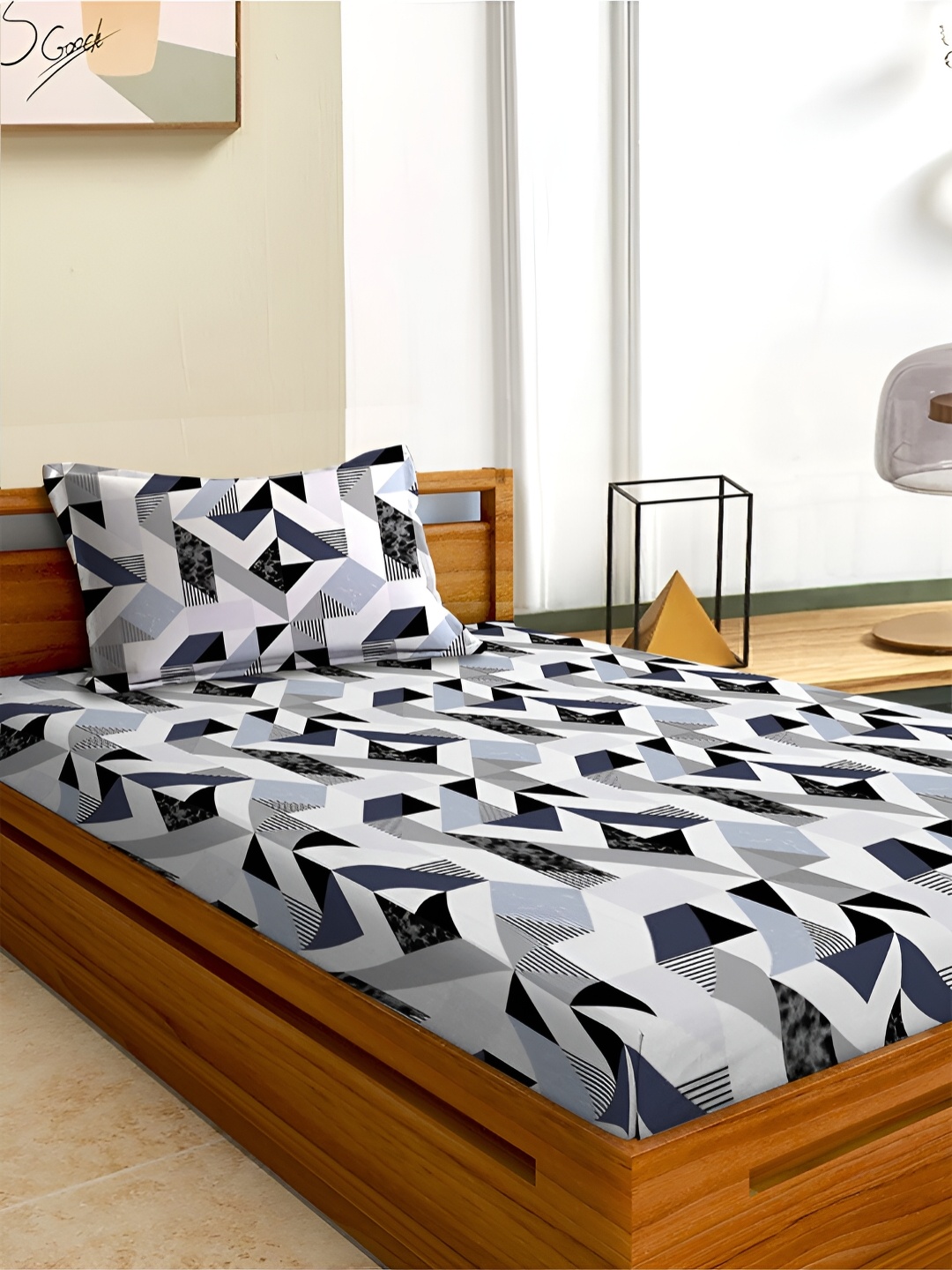 

Aura Blue & White Geometric 180 TC Single 120 GSM Bedsheet with Pillow Cover