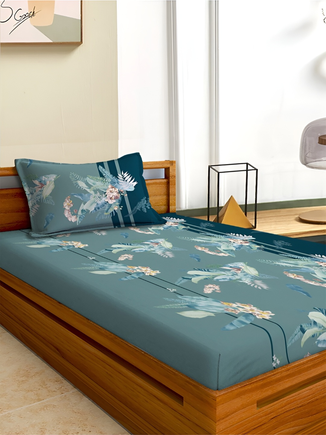

Aura Green & White Floral 180 TC Single 120 GSM Bedsheet with Pillow Cover