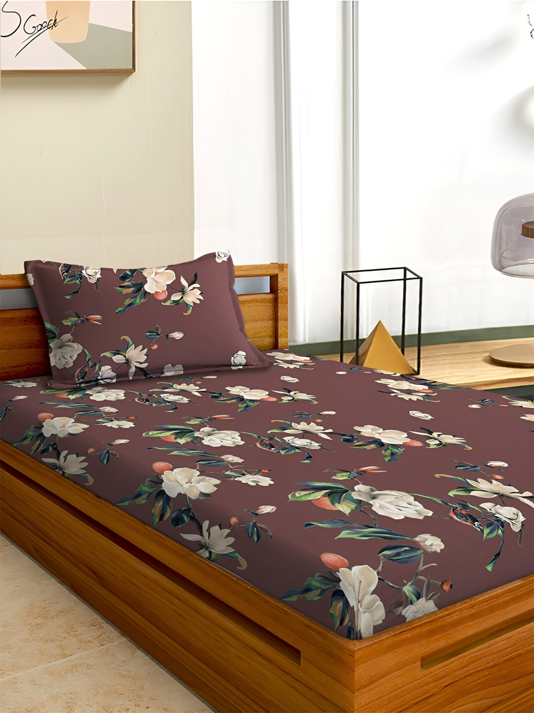 

Aura Brown & Off White Floral 180 TC Single 120 GSM Bedsheet with Pillow Cover