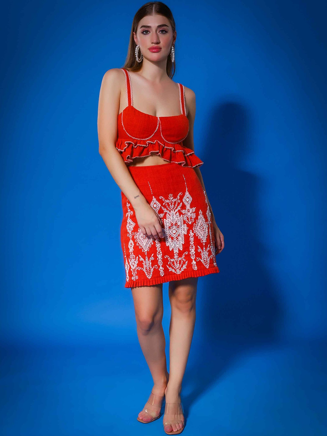 

Amagyaa Lace Detailed Ruffles Pure Cotton Top With Skirt, Red