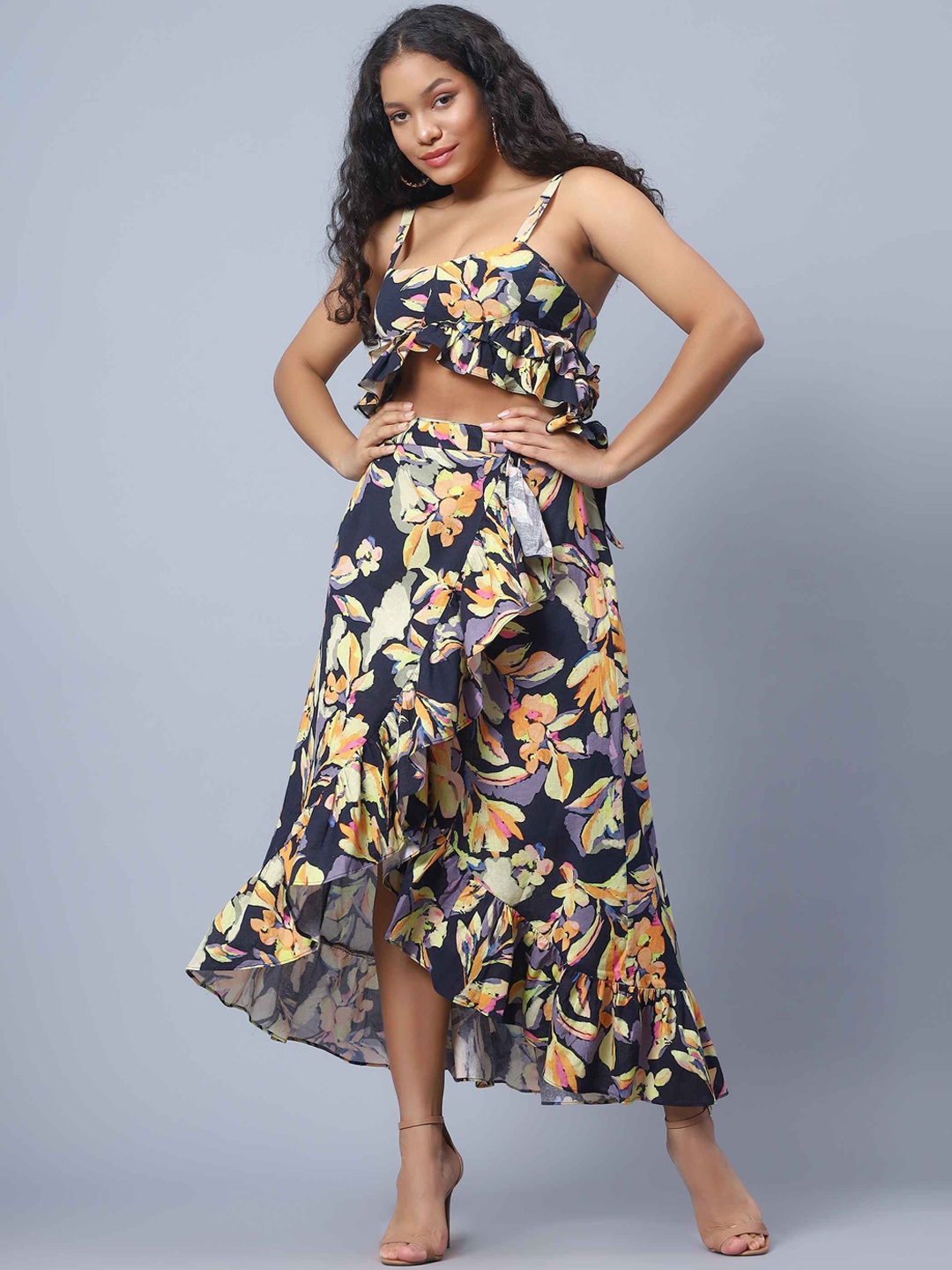 

Amagyaa Floral Printed Pure Cotton Top With Skirt, Navy blue
