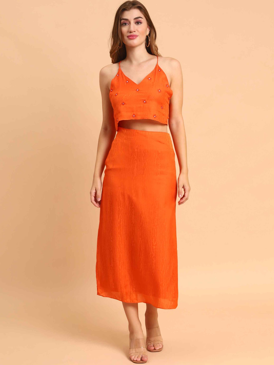 

Amagyaa Embroidered Crop Top With Skirt, Orange