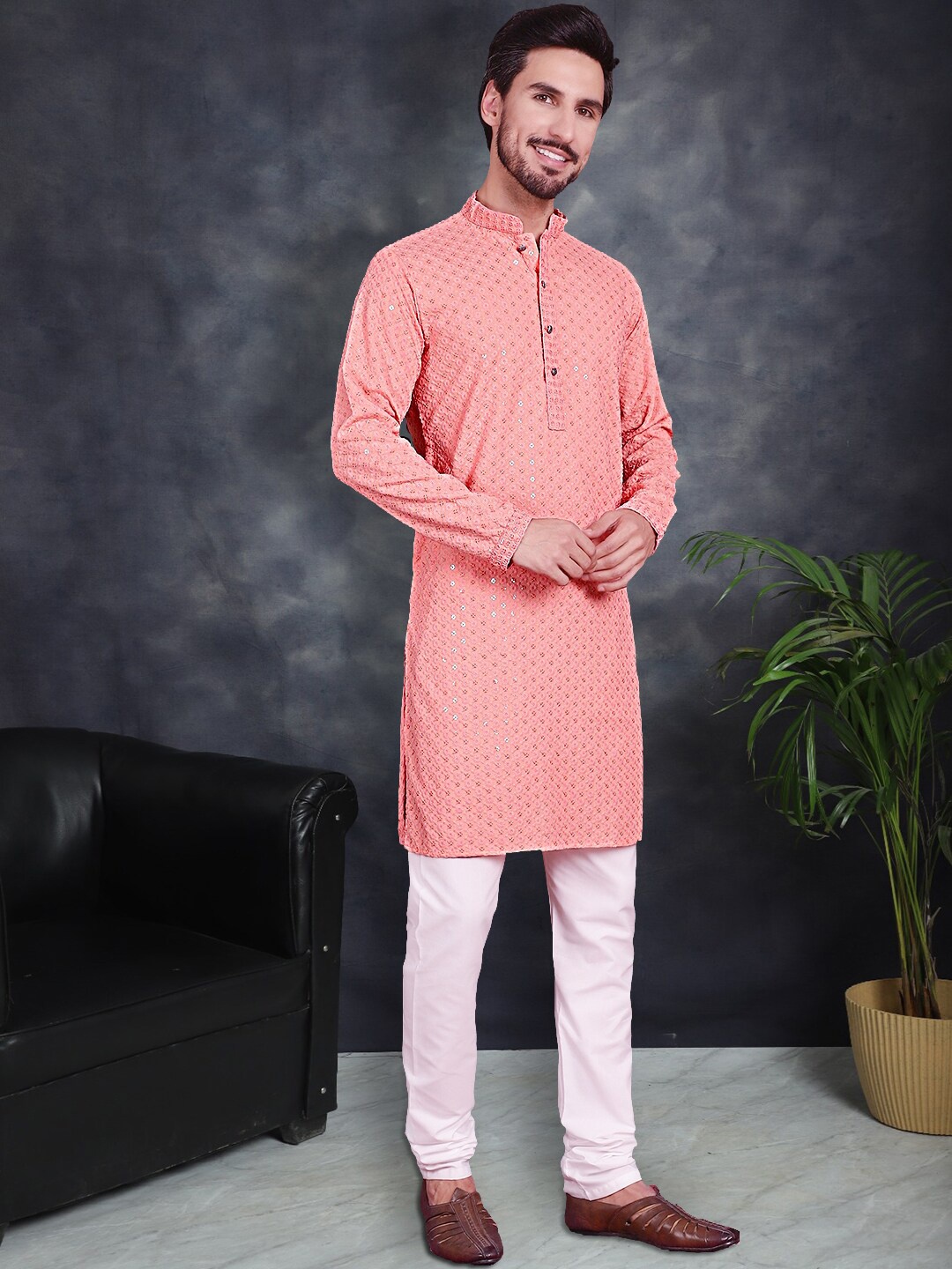 

Jompers Ethnic Motifs Embroidered Sequinned Chikankari Pure Cotton Kurta With Churidar, Peach