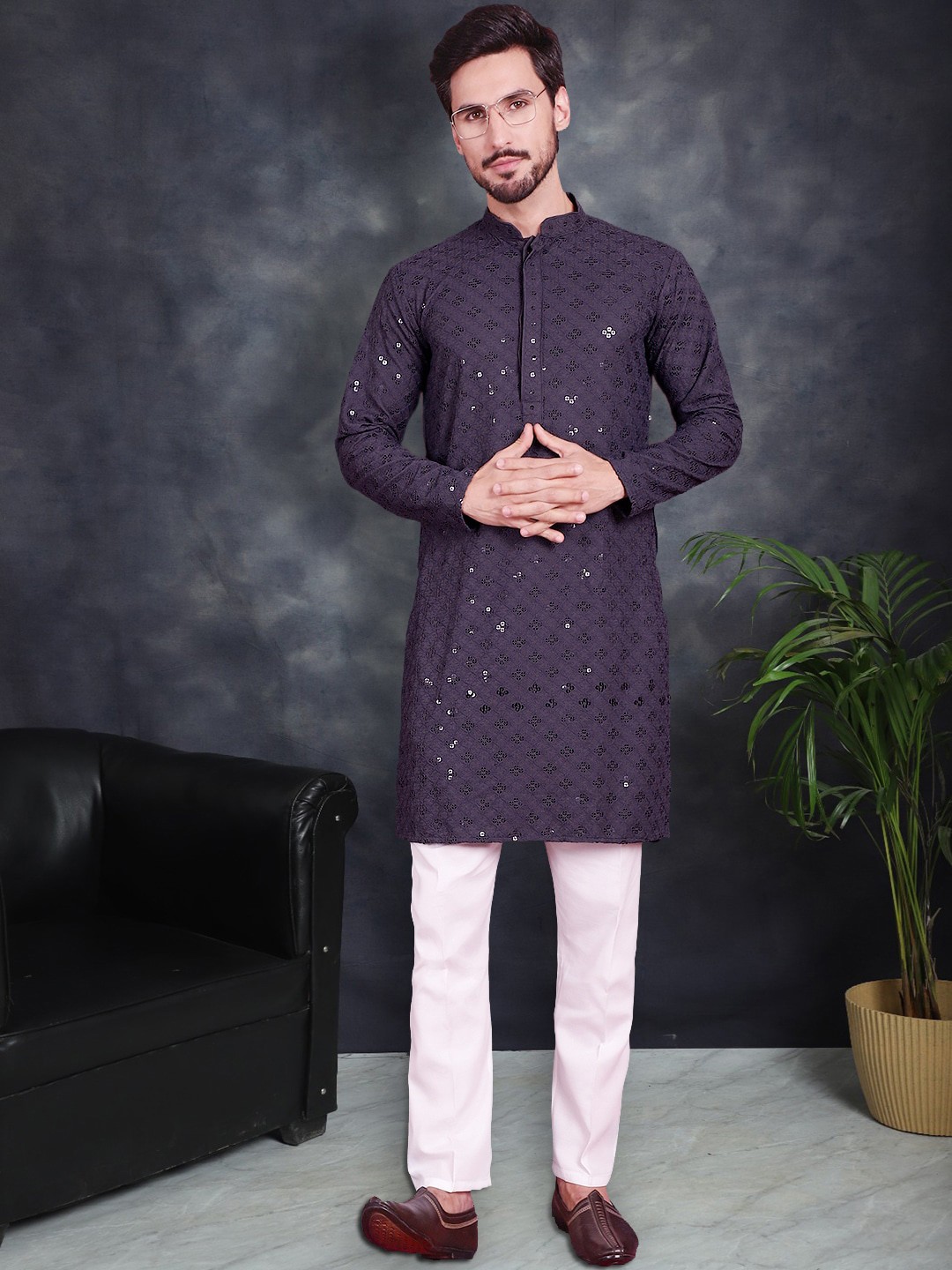 

Jompers Ethnic Motifs Embroidered Sequinned Chikankari Pure Cotton Kurta With Churidar, Purple