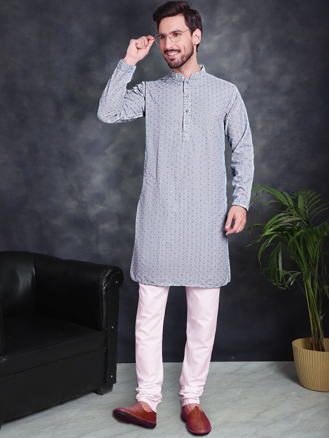 

Jompers Floral Embroidered Mandarin Collar Chikankari Pure Cotton Kurta with Churidar, Blue