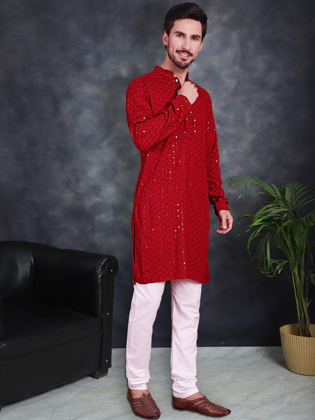 

Jompers Ethnic Motifs Embroidered Sequinned Chikankari Pure Cotton Kurta With Churidar, Maroon