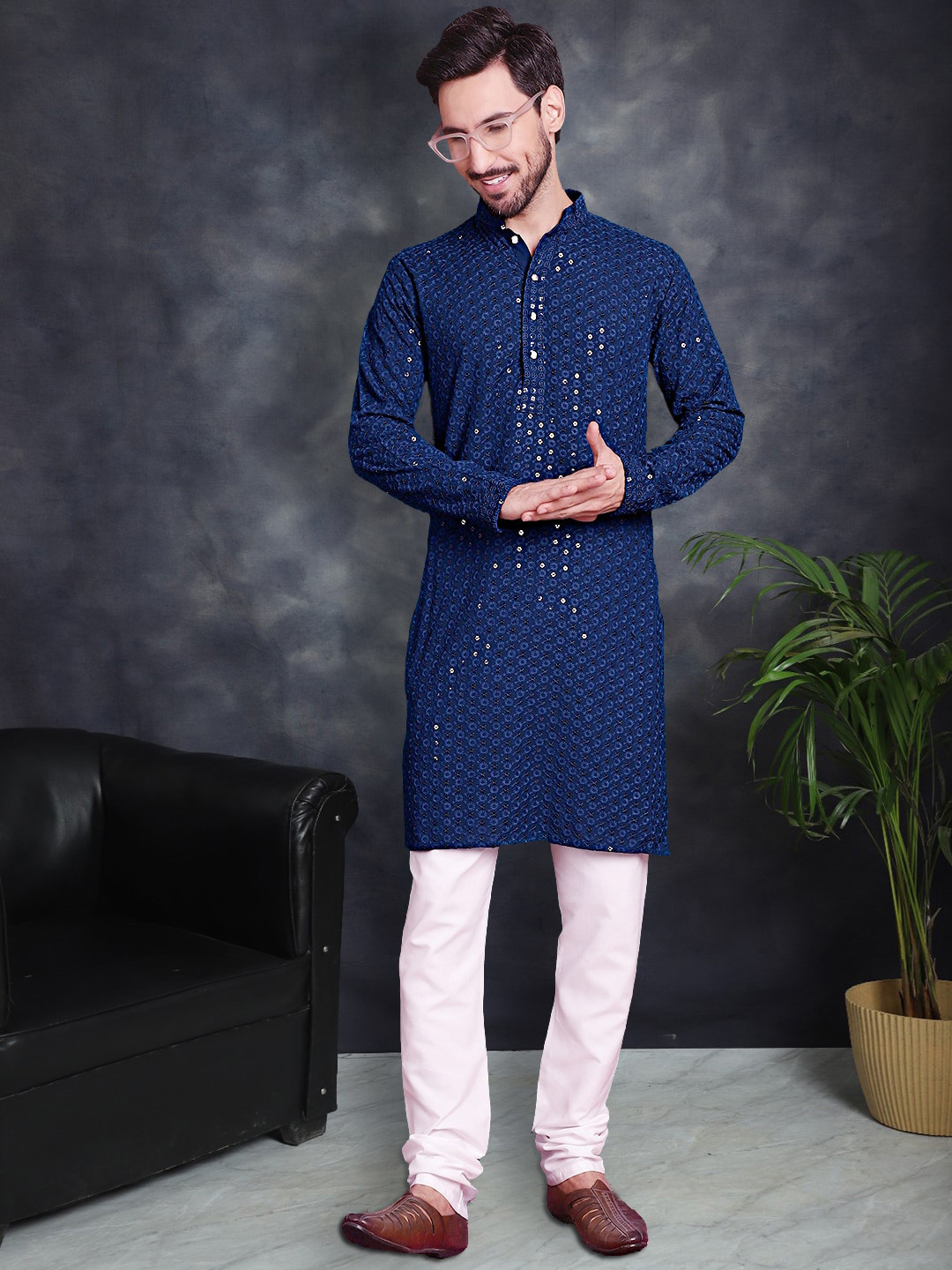 

Jompers Ethnic Embroidered Mandarin Collar Chikankari Pure Cotton Kurta with Churidar, Blue