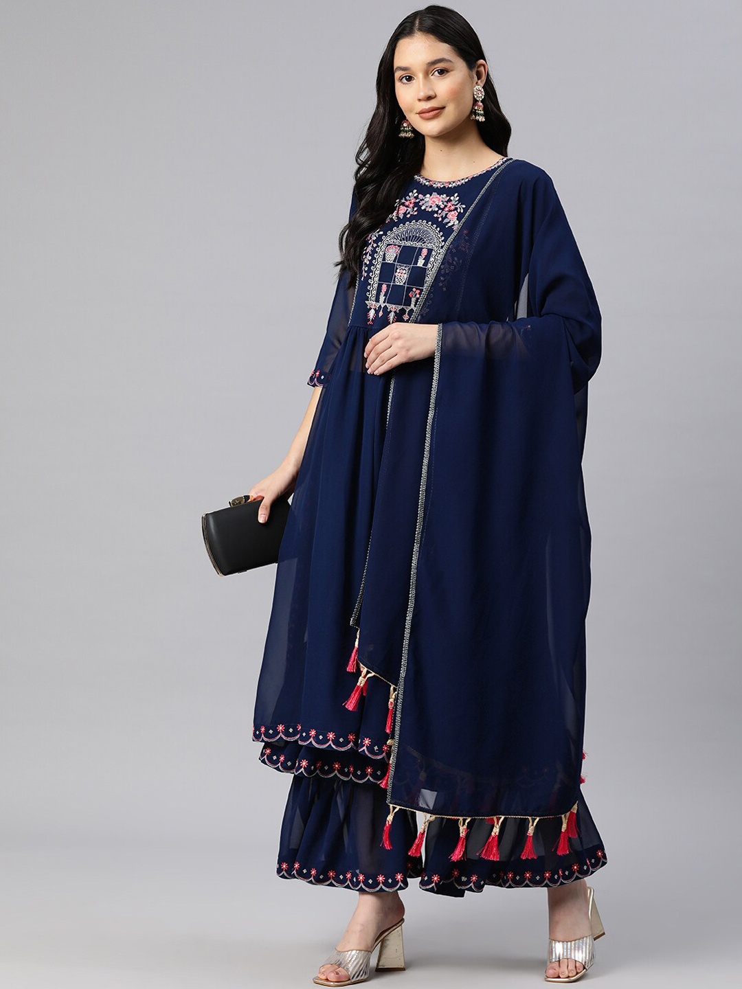 

KAVINDI Ethnic Motifs Embroidered Thread Work Kurta With Sharara & Dupatta, Blue