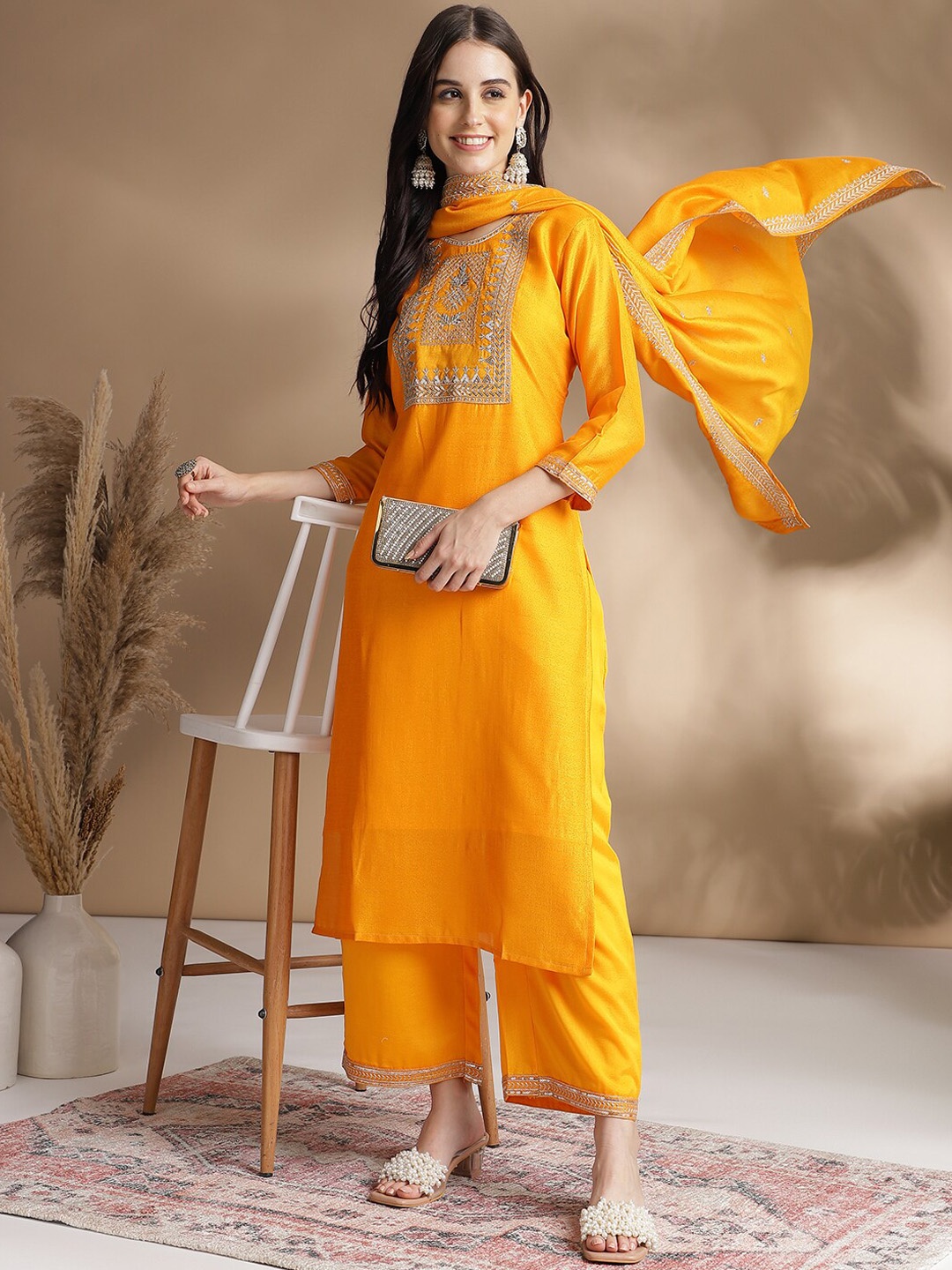 

KAVINDI Ethnic Motifs Embroidered Kurta With Trousers & Dupatta, Mustard